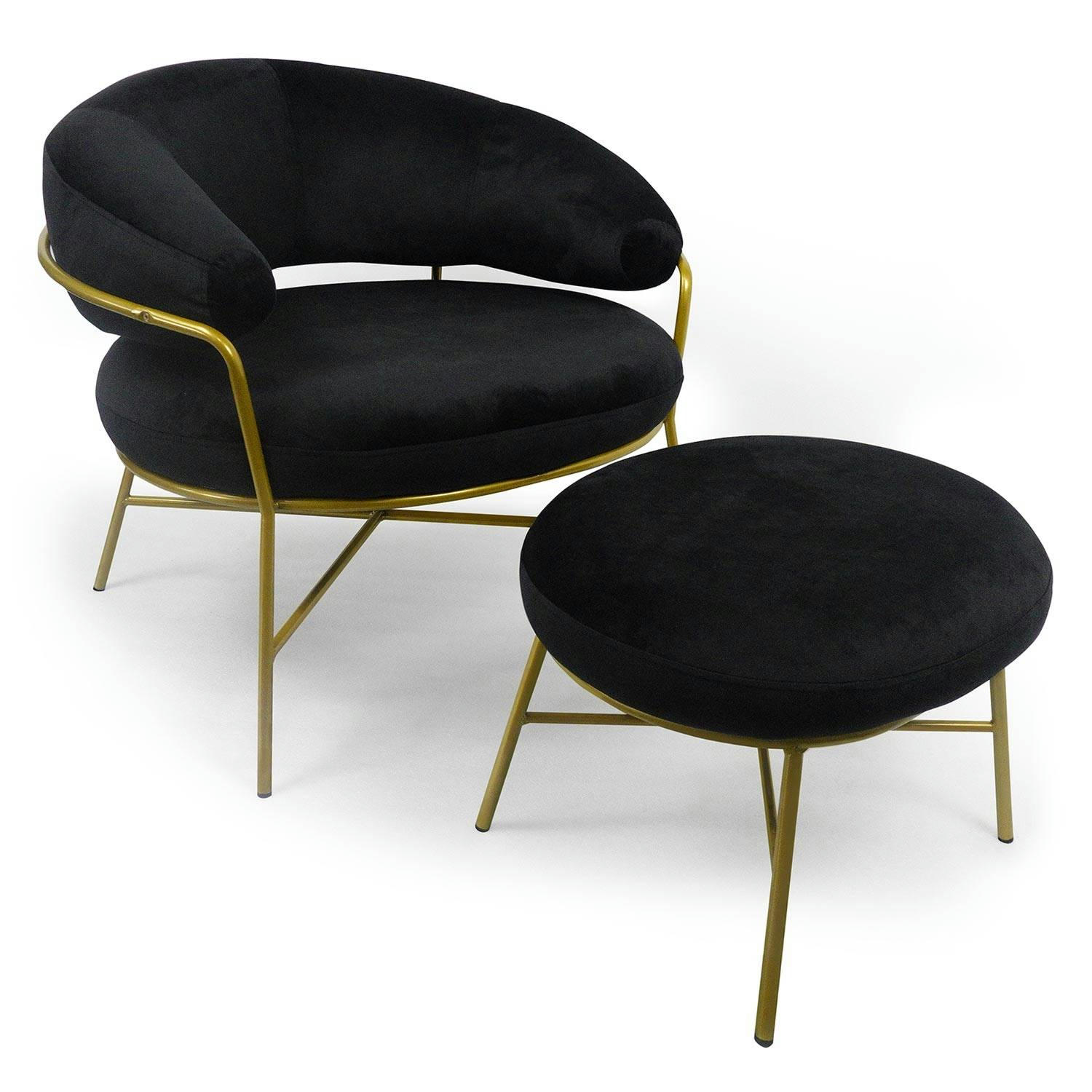 NANTY - Fauteuil avec pouf en velours noir et pieds or