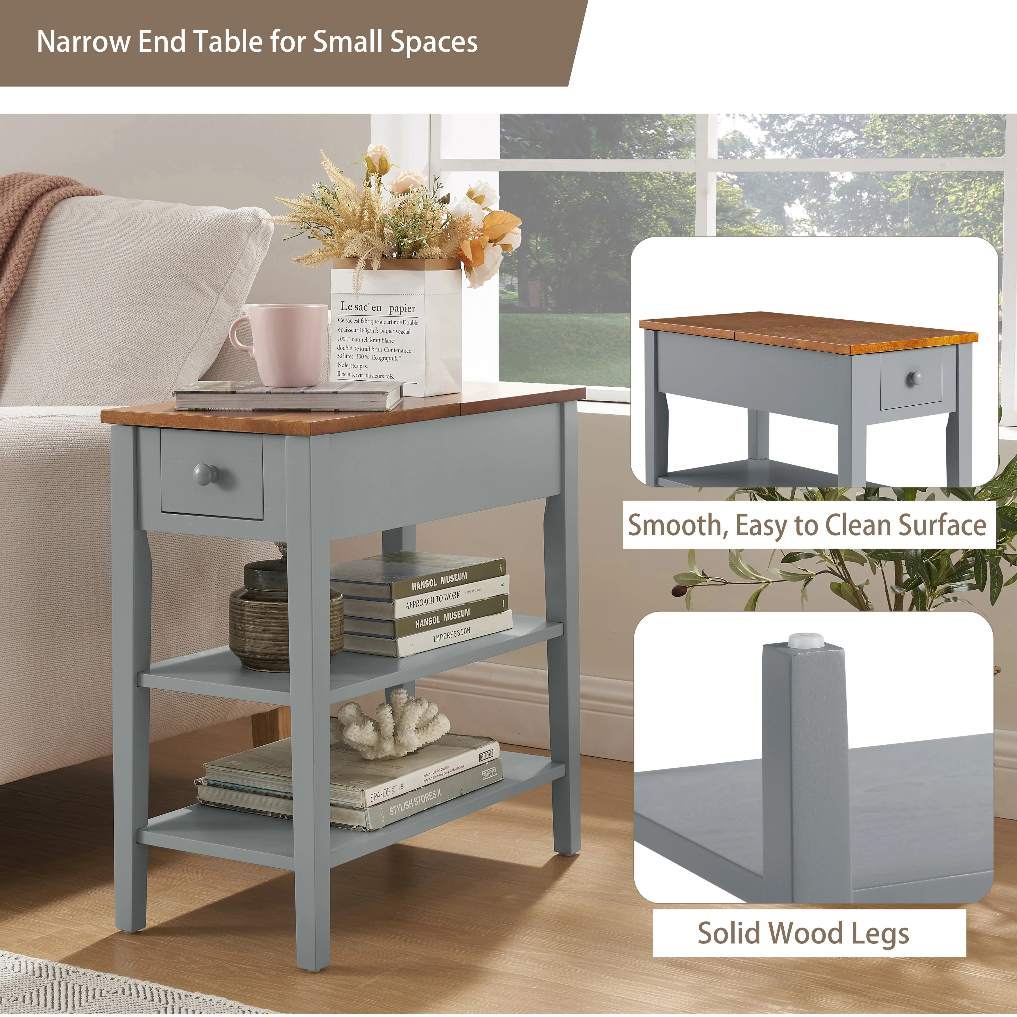 Narrow 2-Tone End Table With Usb Charging Ports For Small Space - 24.00 x 11.80 x 24.20