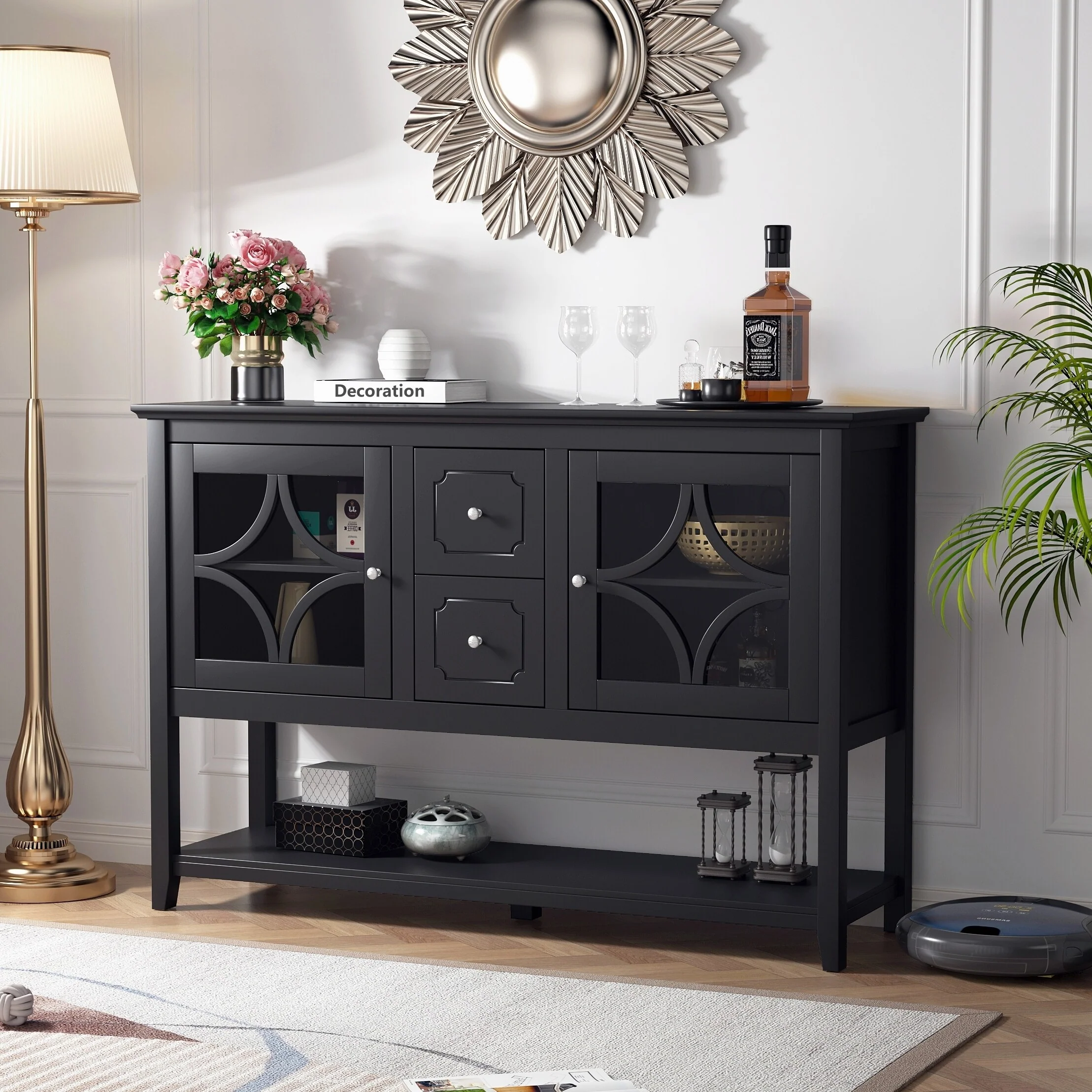 Modern Media Cabinet with Adjustable Shelves and Tempered Glass Doors for Living Room