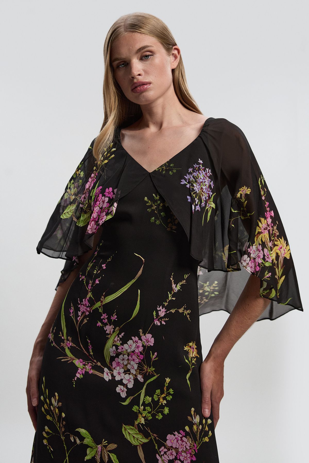 KarenMillen Floral Border Print Viscose Woven Cape Sleeve Maxi Dress