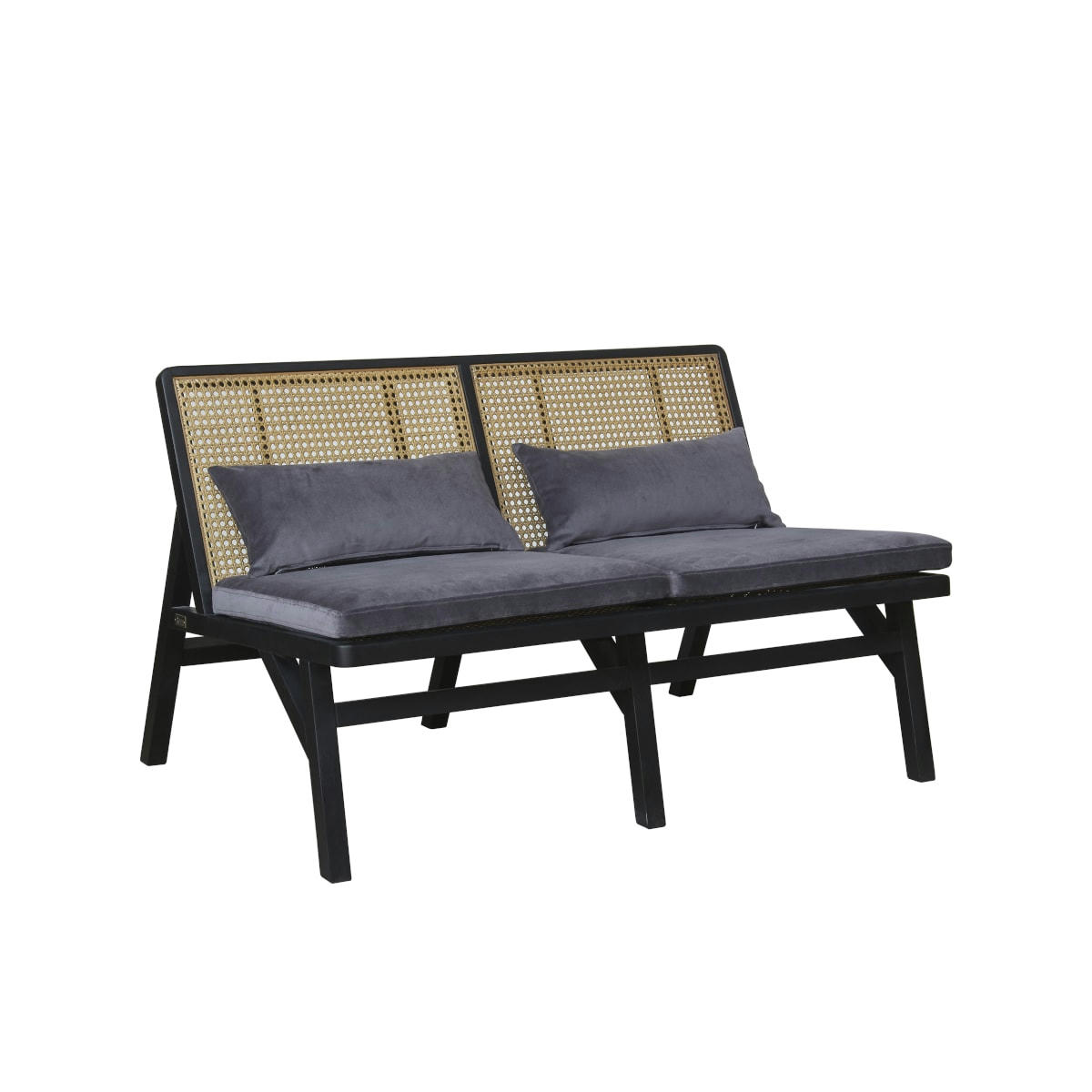 LALALA - Banquette chêne laqué noir cannage et velours 2 places gris loup