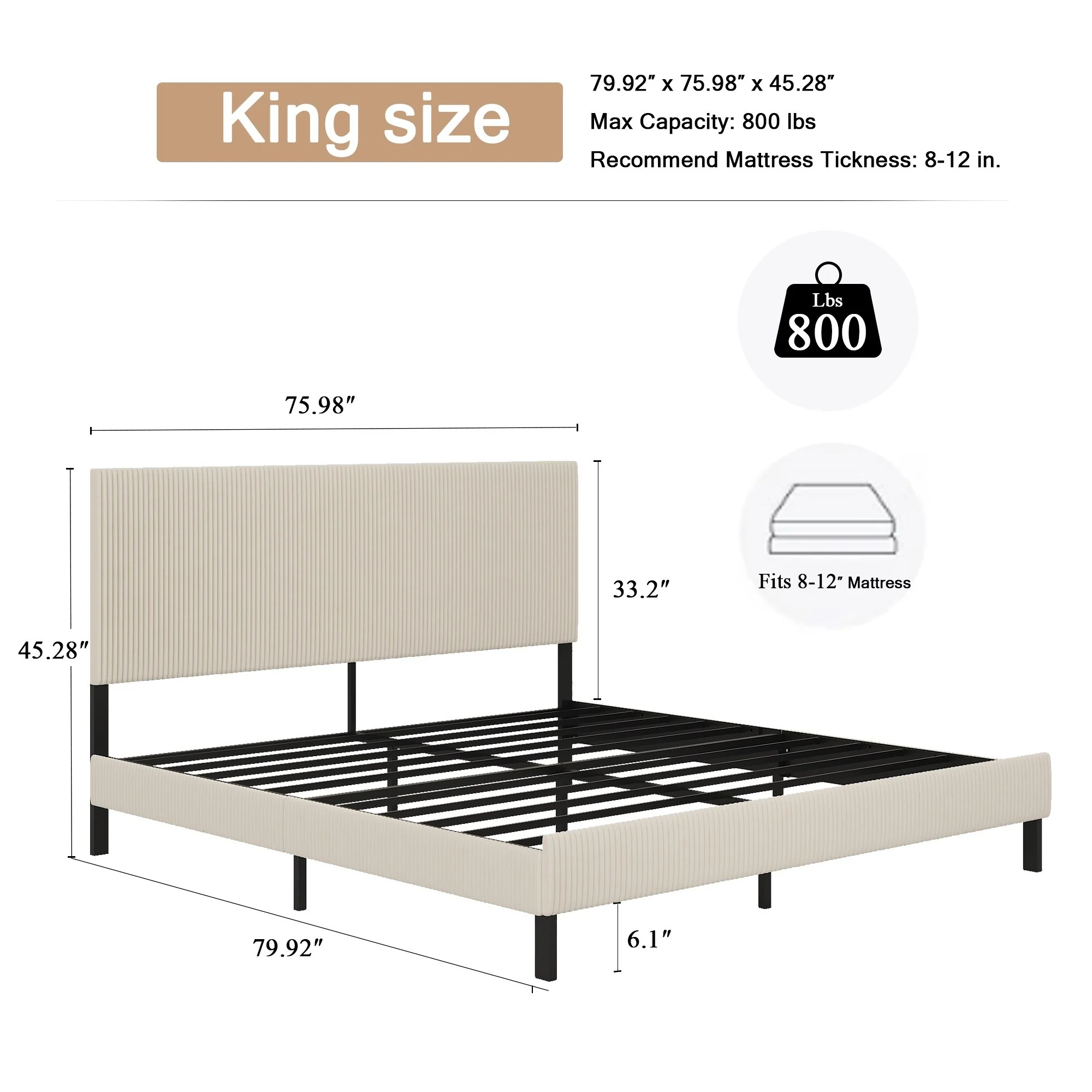 King Bed Frame With A Bandaged Headboard Is Stable And Easy To Assemble, And The Style Is Simple And Elegant