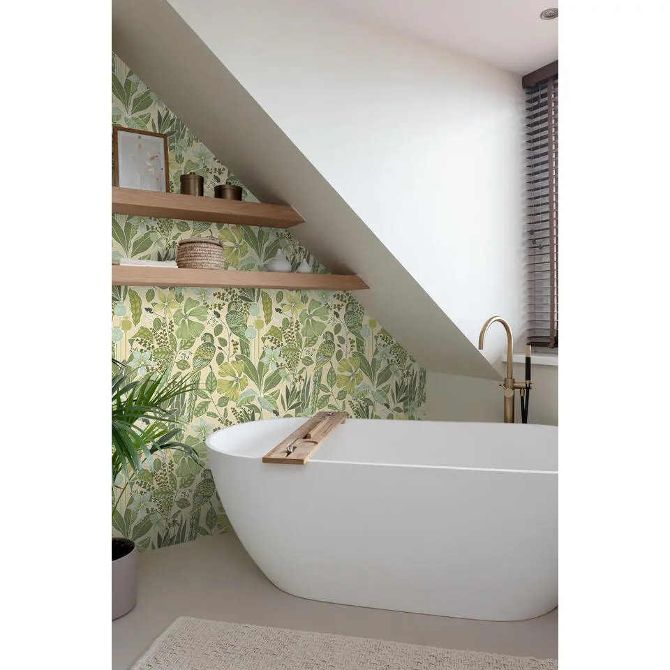 ESTAhome behang tropische bloemen en paradijsvogels vergrijsd groen