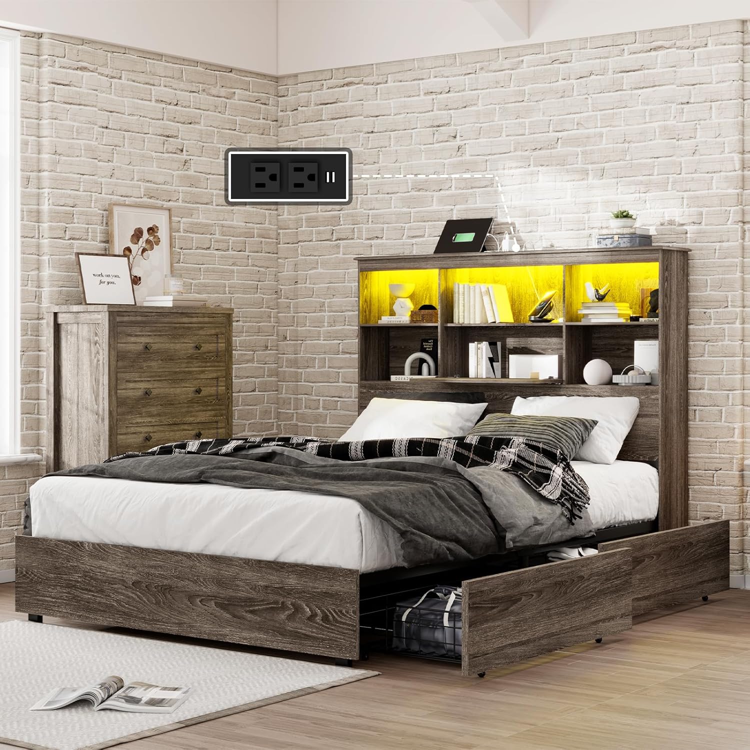 King Size Bed Frame with LED Bookcase Headboard, Wooden Storage Bed with Charging Station & 4 Drawers, No Box Spring Needed/Noise-Free/Rustic Grey