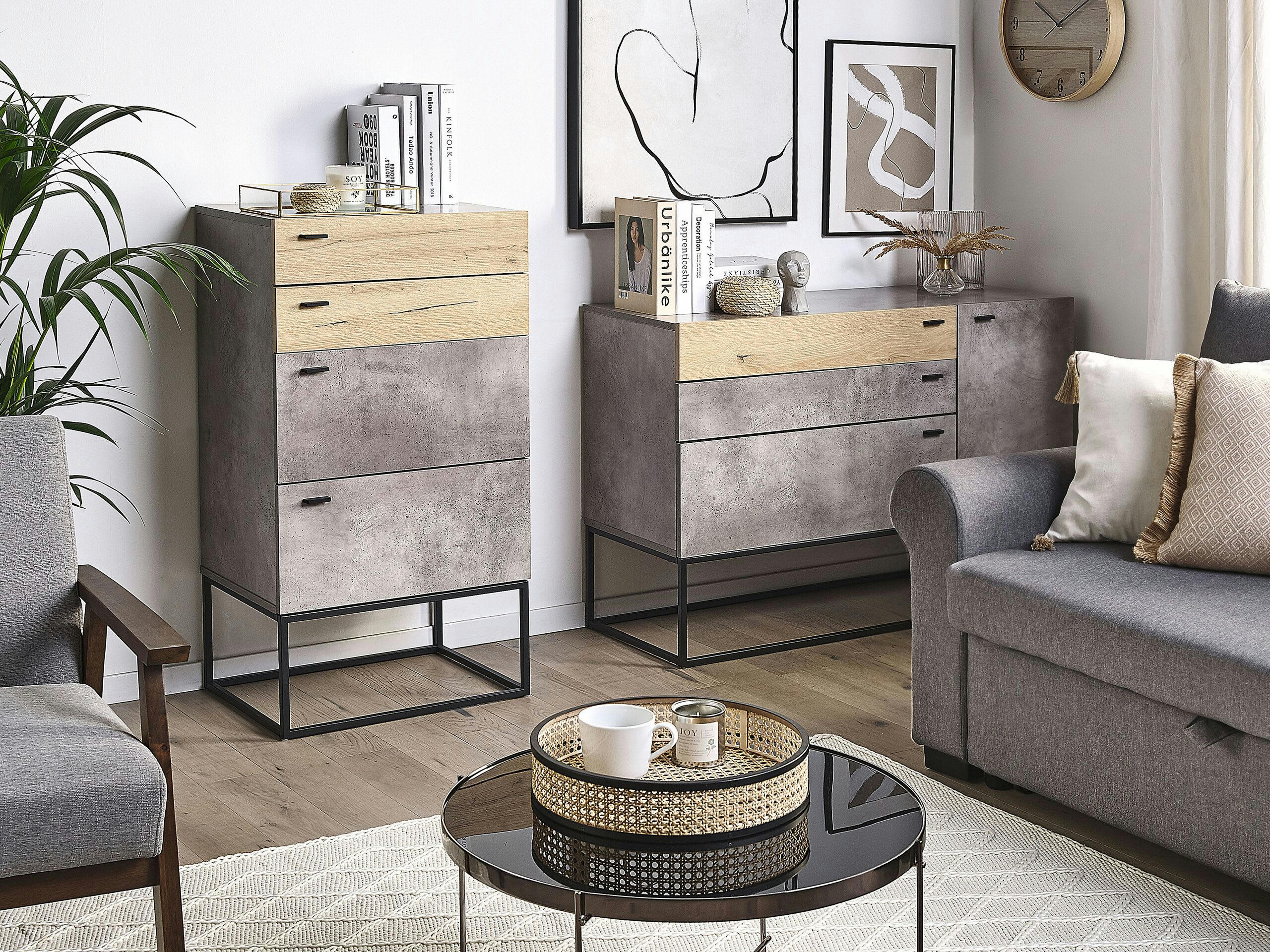 ACRA - Commode effet béton / effet bois clair 4 tiroirs