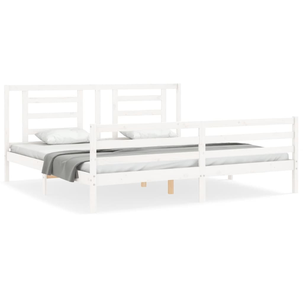 Rama łóżka z wezgłowiem biała 200x200 cm lite drewno