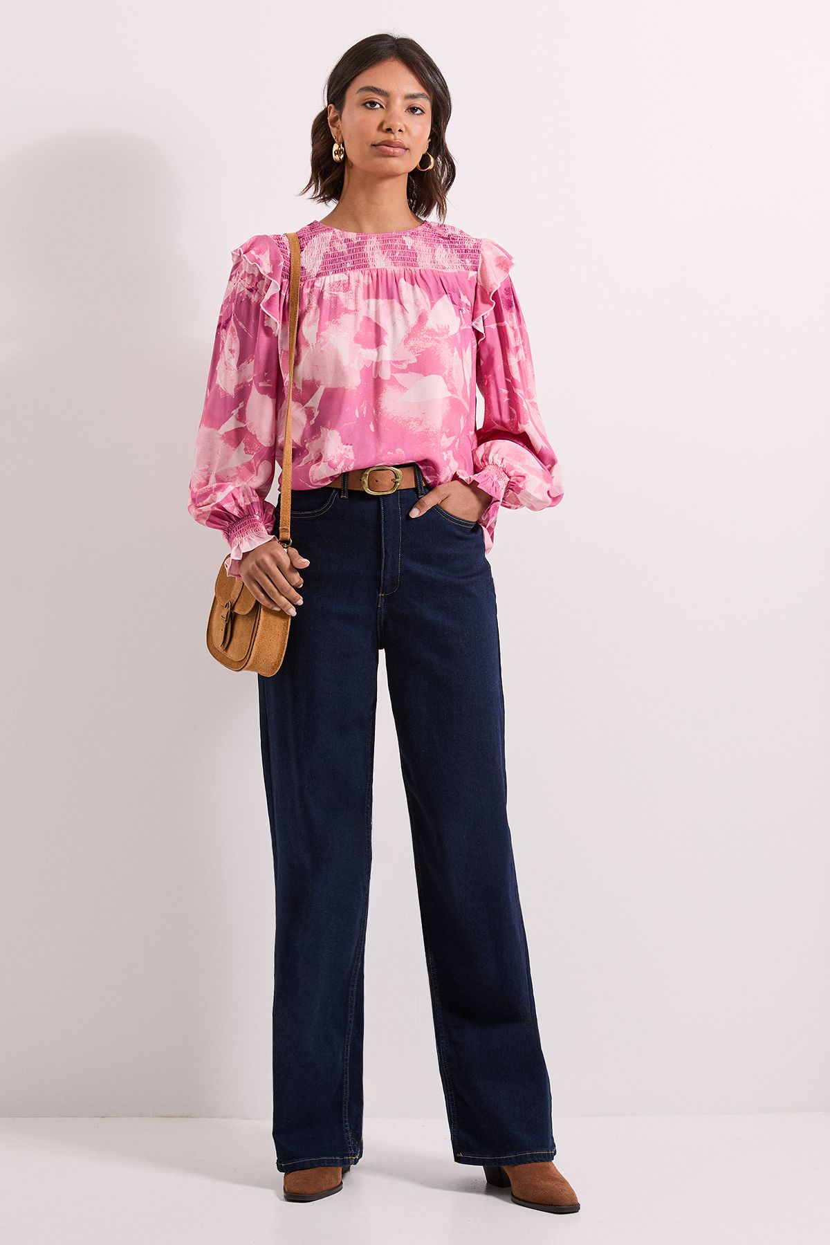 Dorothy Perkins Pink Floral Shirred Yoke Frill Detail Top