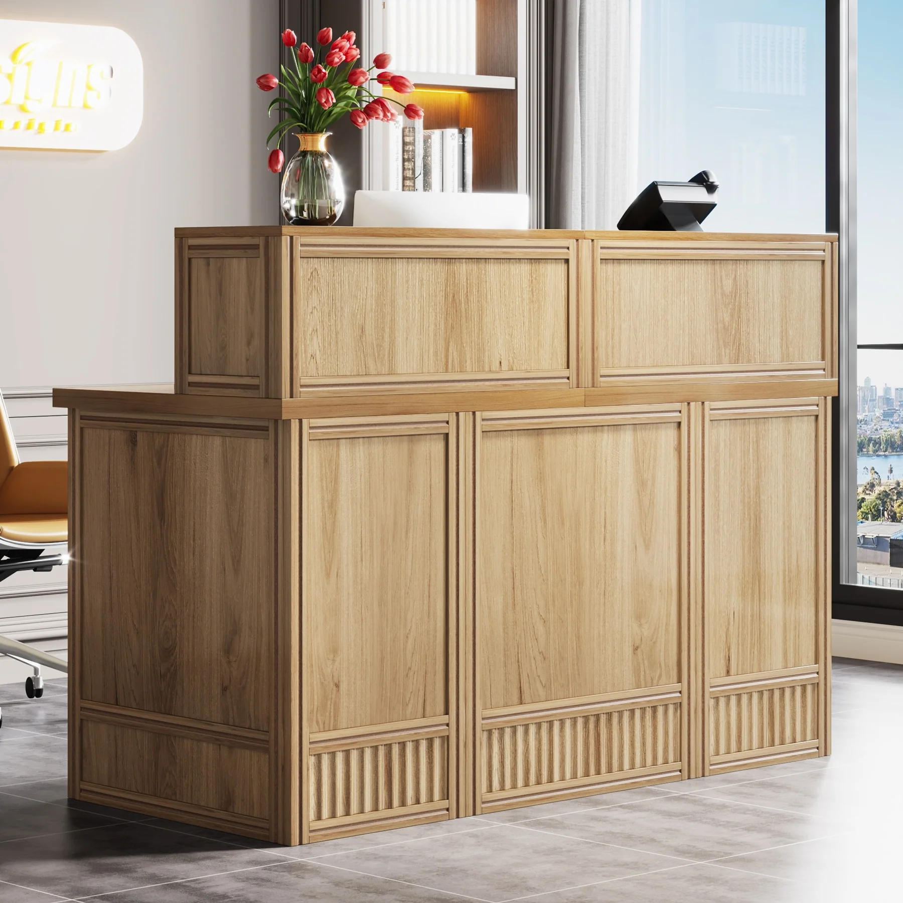 Boho 57-inche Reception Desk with Counter Front Desk Receptionist Desk for Office, Retail, Lobby, Beauty Salon