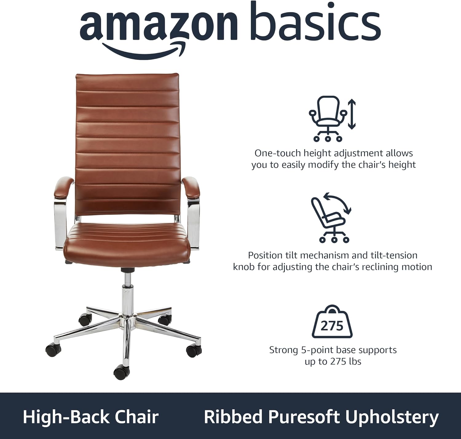 Amazon Basics High-Back Swivel Office Chair with Lumbar Support, Ergonomic Ribbed Faux Leather, Adjustable Height, 24.75D x 23.25W x 45.25H, Brick Red