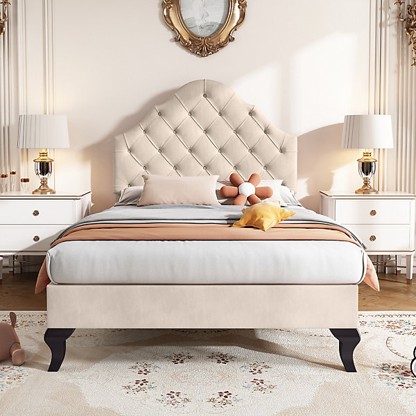 Lit 90x200 cm avec tête de lit réglable et sommier à lattes, revêtement velours beige, design classique