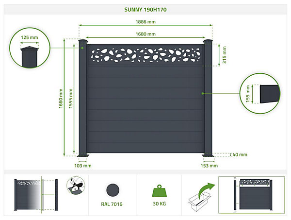 Lot de 2 clôtures aluminium 1,9m SUNNY H.170cm gris