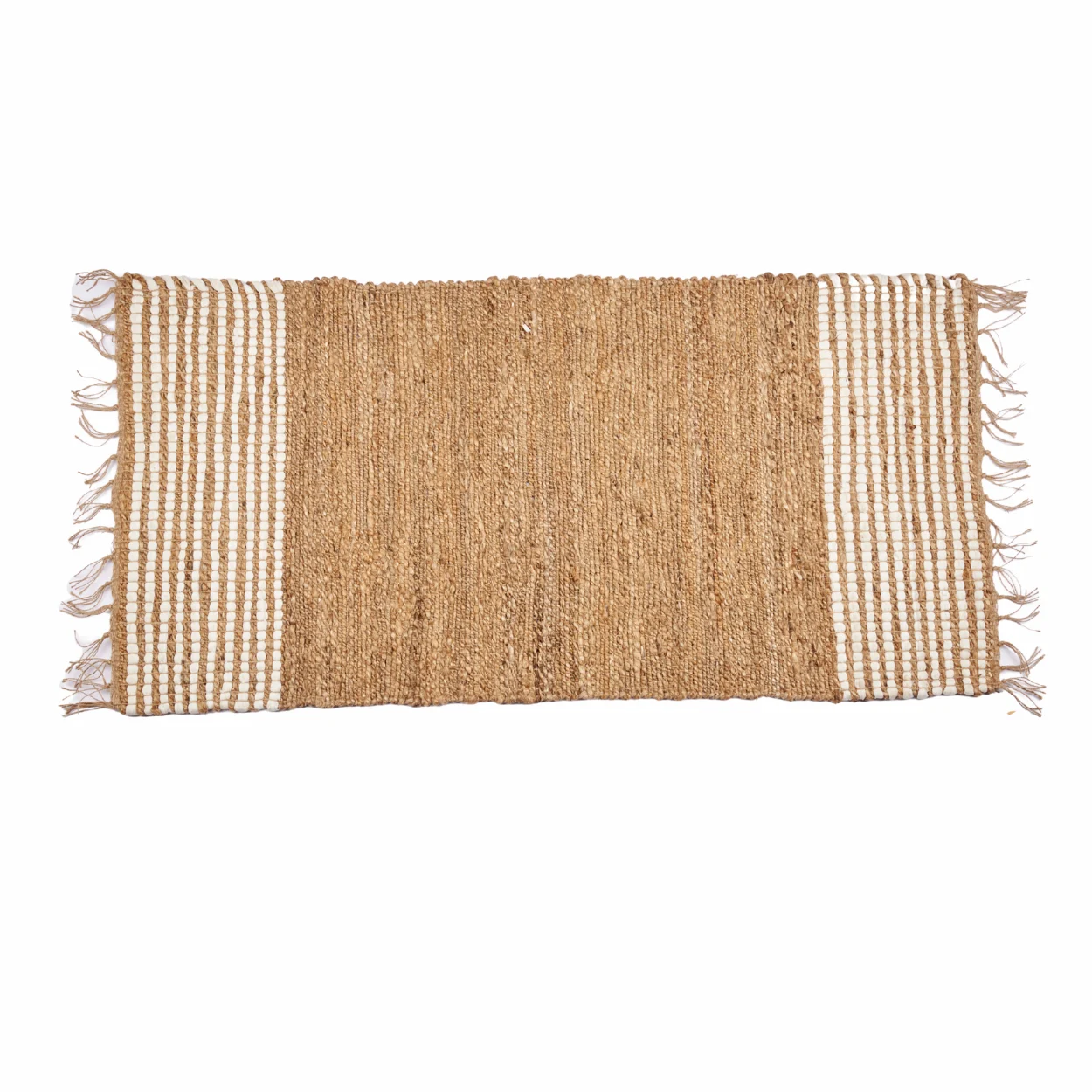 Dywan jutowy naturalny beż z frędzlami białe paski 70x140 cm BOHO