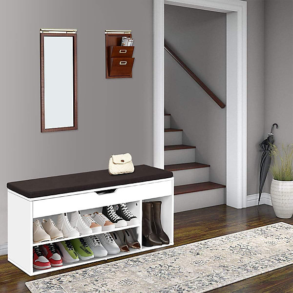 Banc a Chaussures avec Coussin Meuble a Chaussure Multifonctionnel en Bois Commode a Chaussures pour Entree