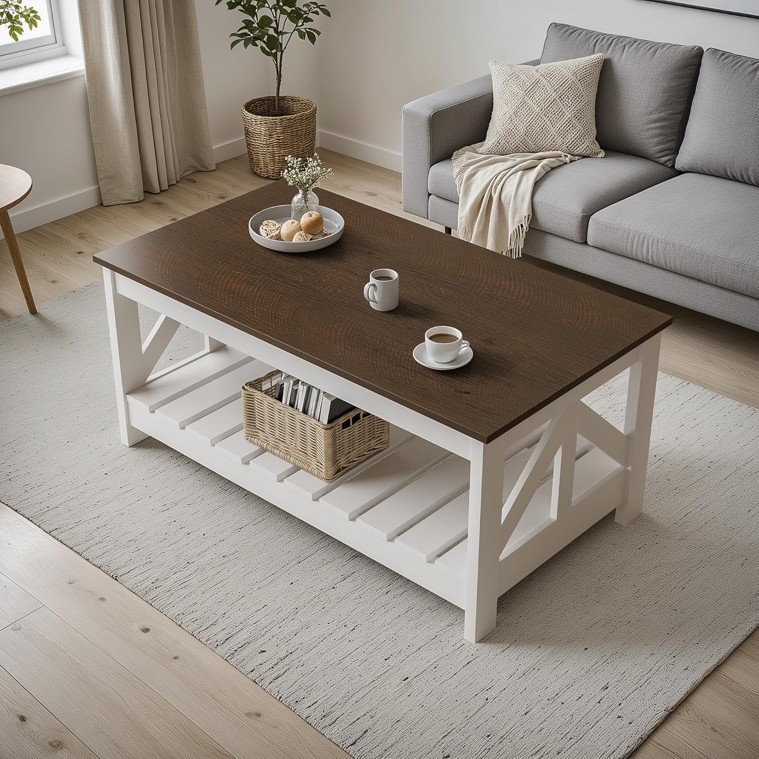 YESHOMY Farmhouse Coffee Table, Coffee Tables for Living Room, Farmhouse Square Coffee Table with Storage, Couch Table, Small Tables for Small Spaces, Brown and White