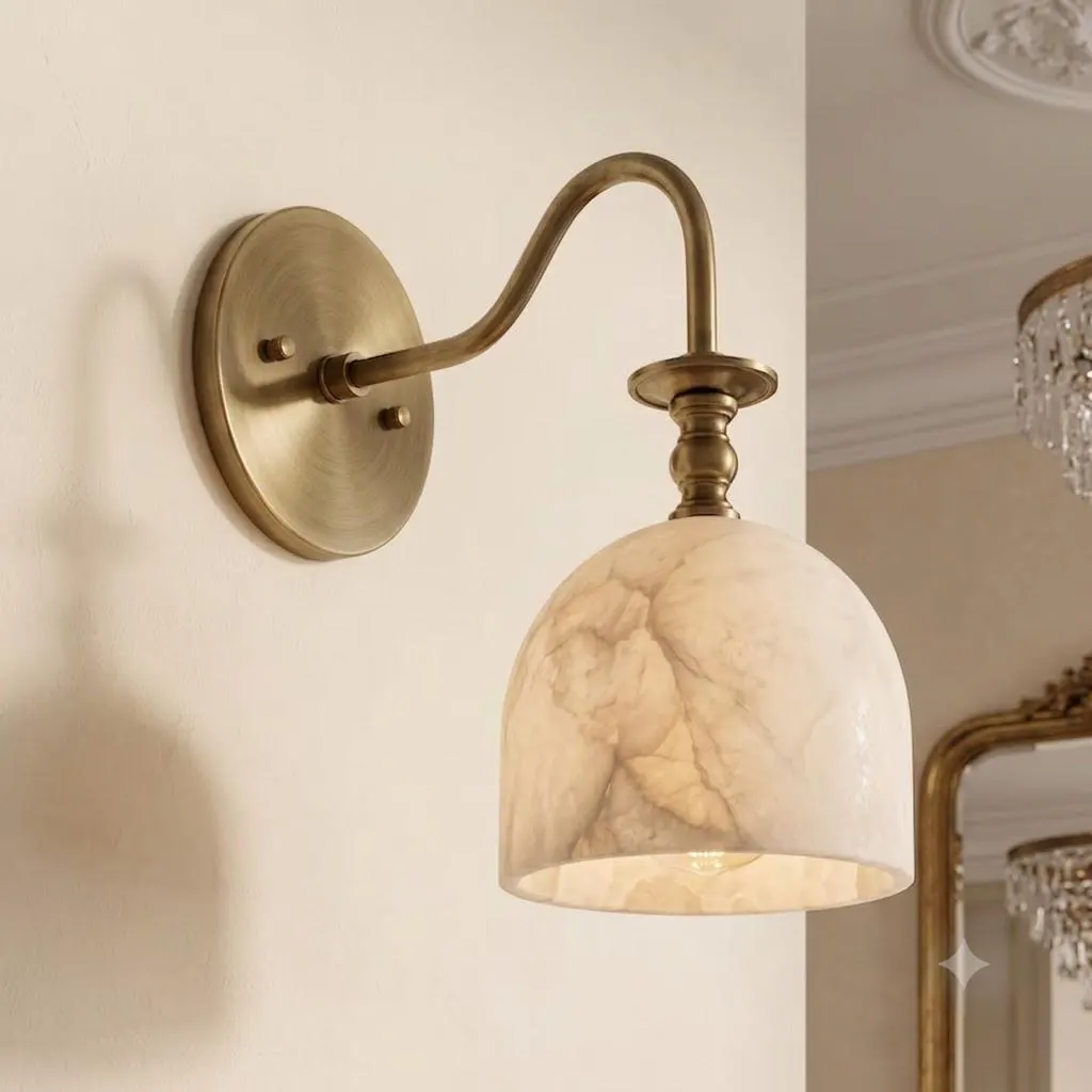 Vintage Brass Wall Sconce with Marble Alabaster Shade, Antique Gooseneck Wall Light Fixture for Living Room
