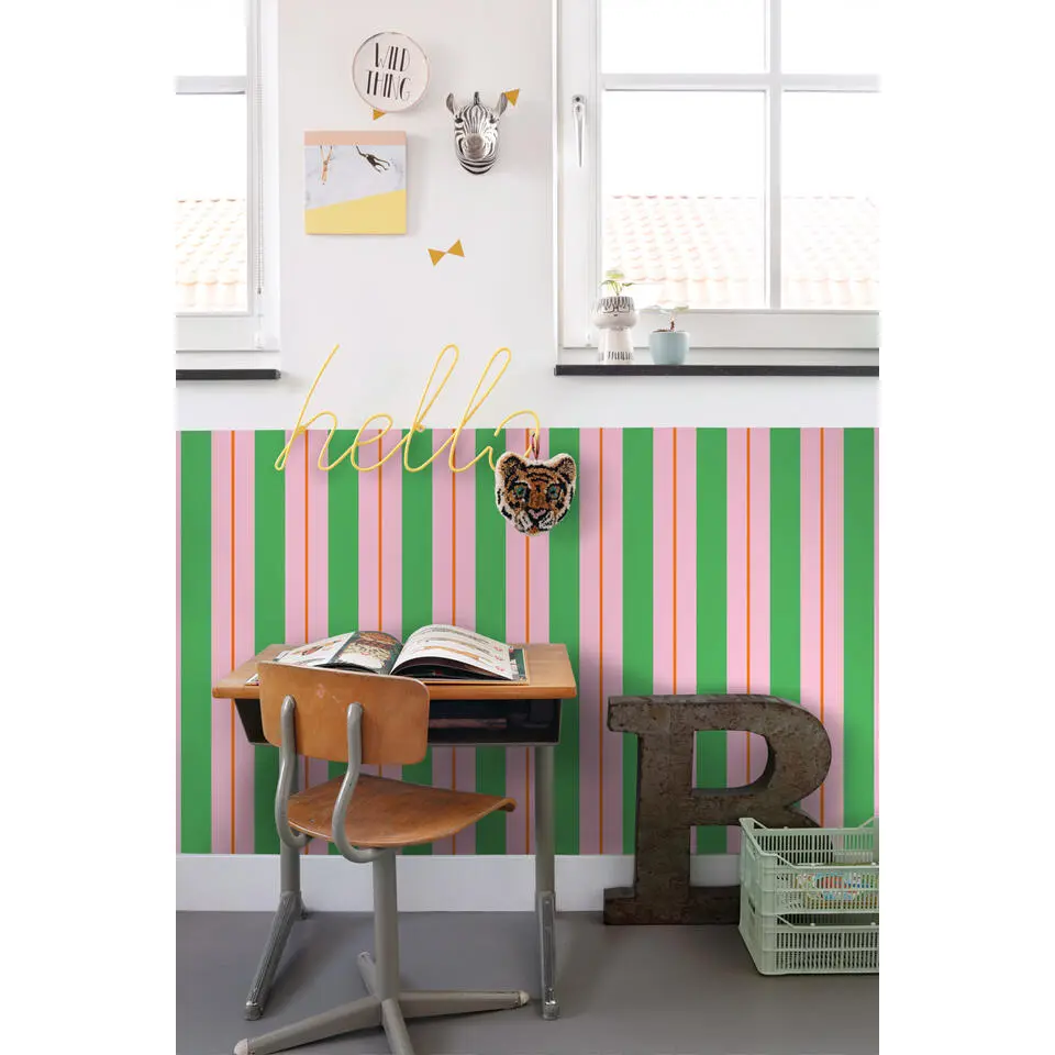 ESTAhome behang strepen groen en roze - 50 x 900 cm