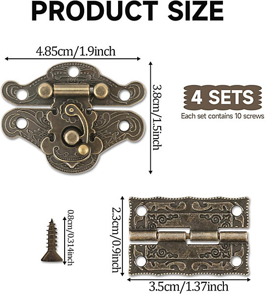 Lot de 4 charnières à loquet en bronze antique sculpté pour boîte à bijoux vintage, style rétro