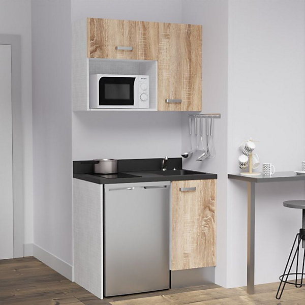 Kitchenette K00 - 100 cm - façades Bois - Plan monobloc en quartz coloris Nero évier à droite