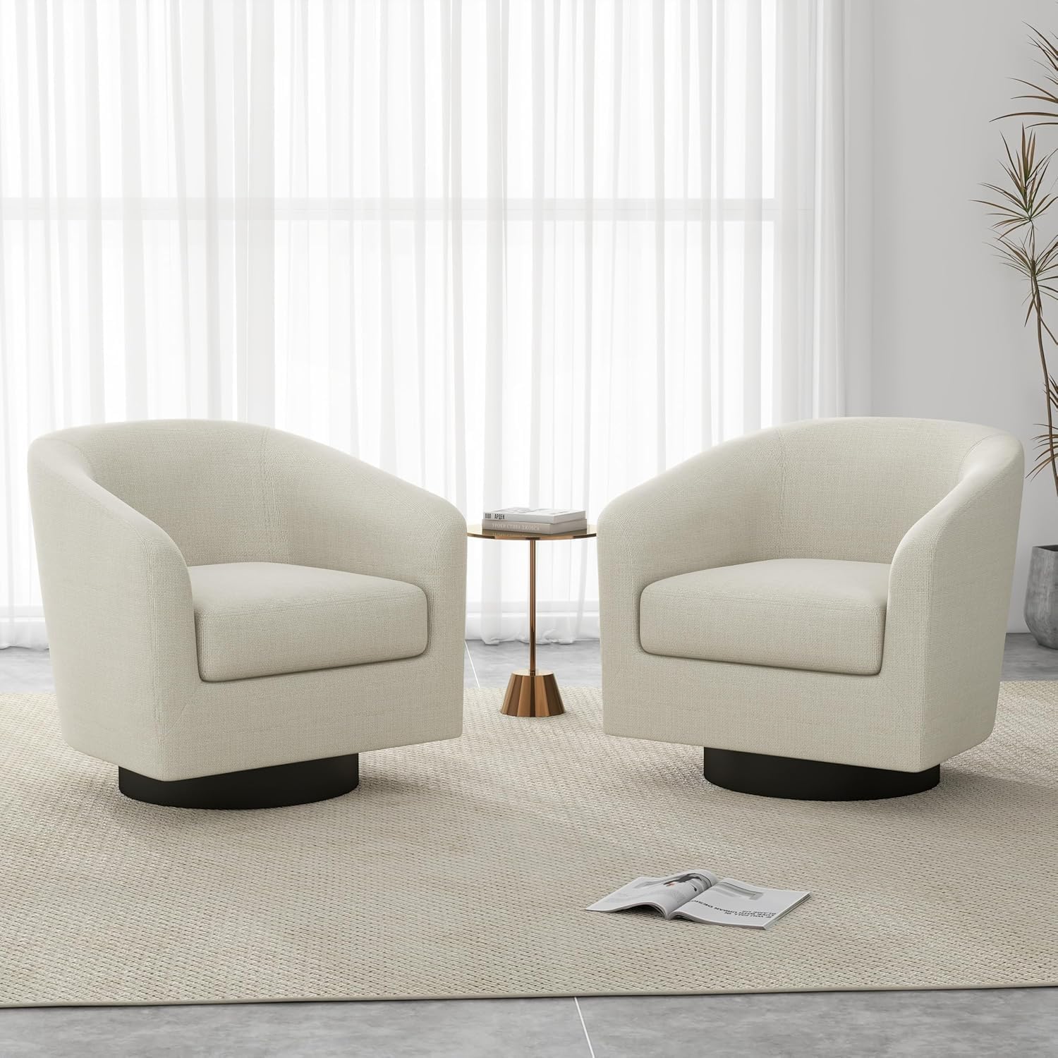 UIXE Swivel Barrel Accent Chairs Set of 2, Fabric Upholstered Armchair Modern Round Club Arm Chair for Living Room, Comfy Single Sofa Seating Bedroom Side Reading Seat - Beige