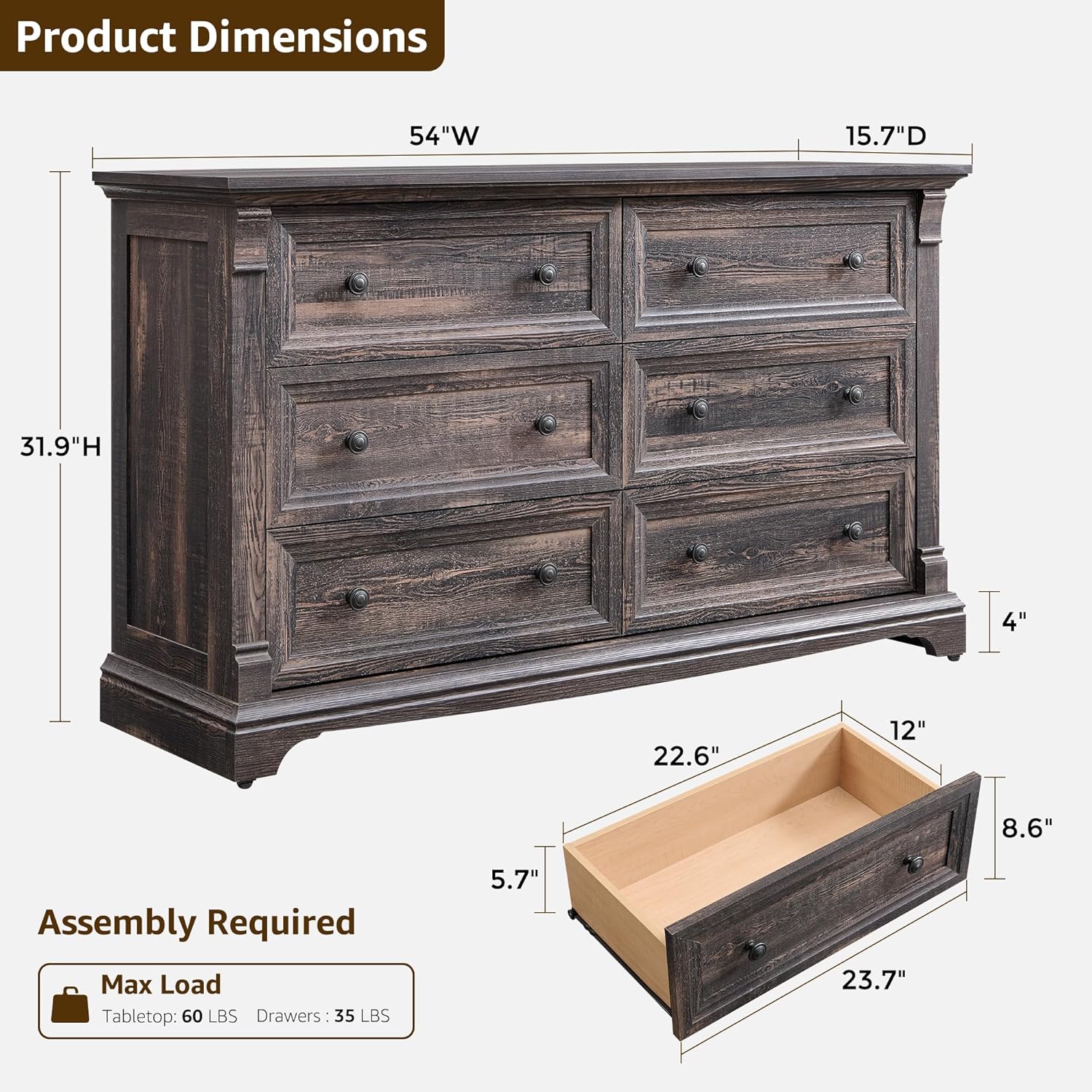Farmhouse 6 Drawers Dresser for Bedroom, 54 Wide Large Dressers & Chests of Drawers w/Roman Column, Wooden Dresser TV Stand with Large Drawers for Nursery Bedroom Living Room Hallway,Dark Rustic Oak