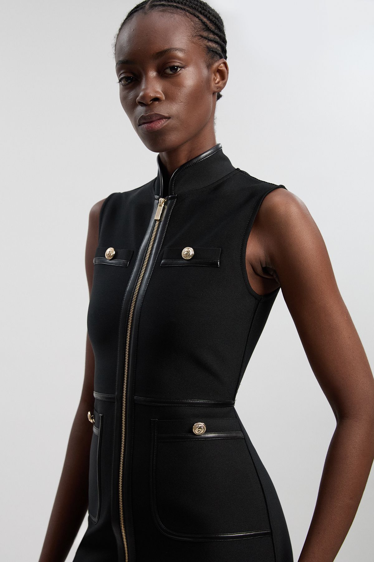 KarenMillen Sleeveless Pu Tipped Military Bandage Mini Dress