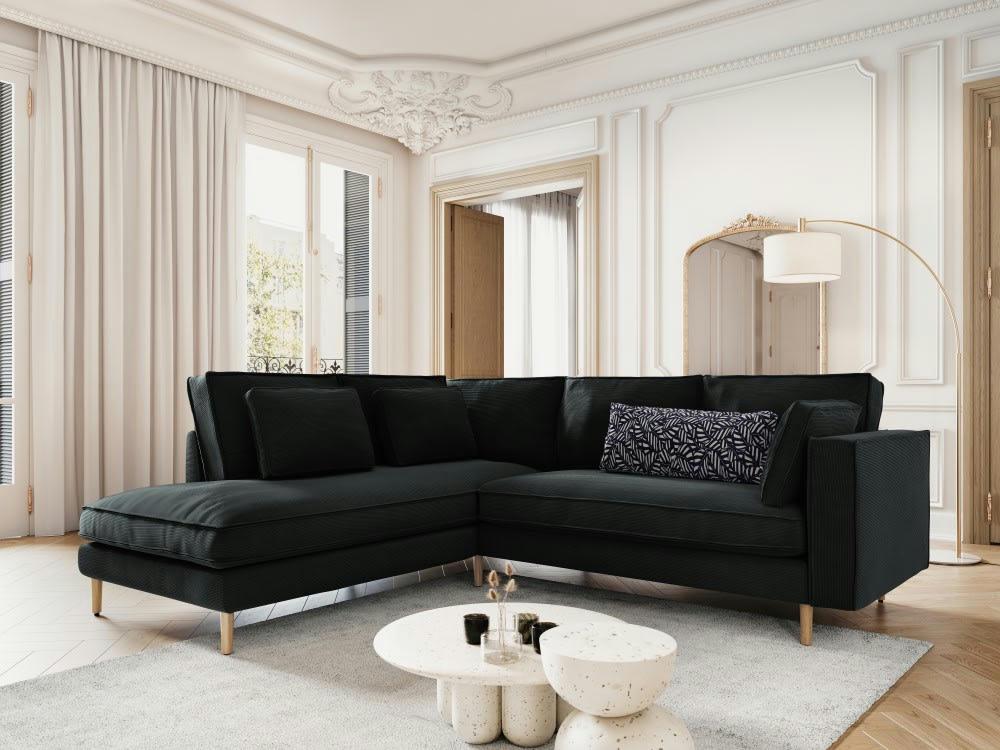 ALEXIS - Canapé d'angle 5 places en tissu structuré noir