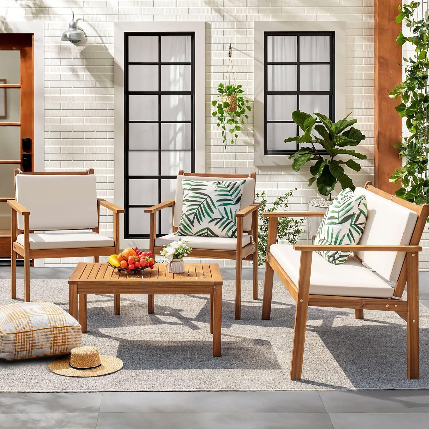 Flamaker Patio Furniture 4 Piece Outdoor Acacia Wood Patio Conversation Sofa Set with Table & Cushions Porch Furniture for Deck  Balcony  Backyard
