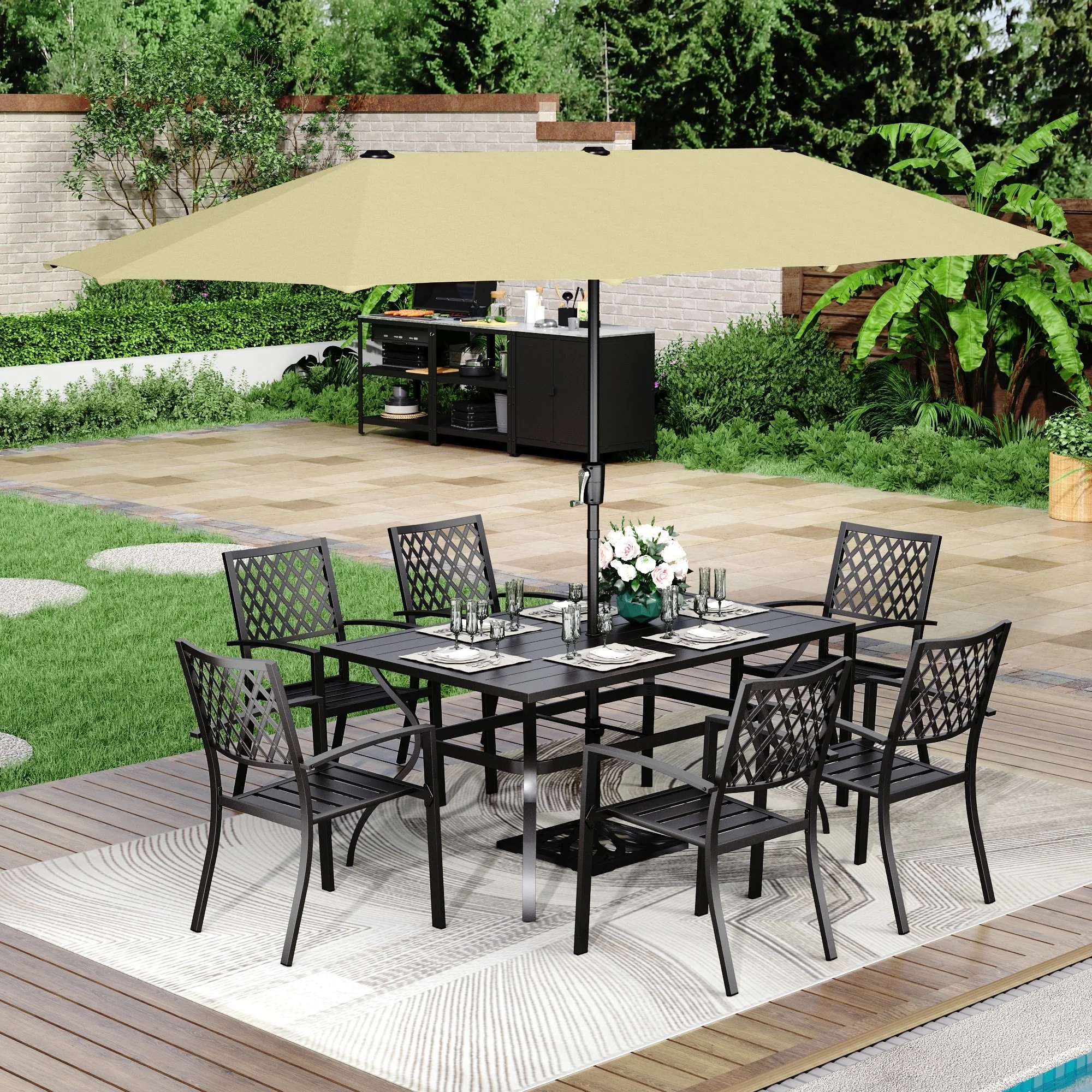 MAISON ARTS 8-Piece Outdoor Dining Set with 13ft Umbrella Steel Rectangle Table & 6 Stackable Chairs