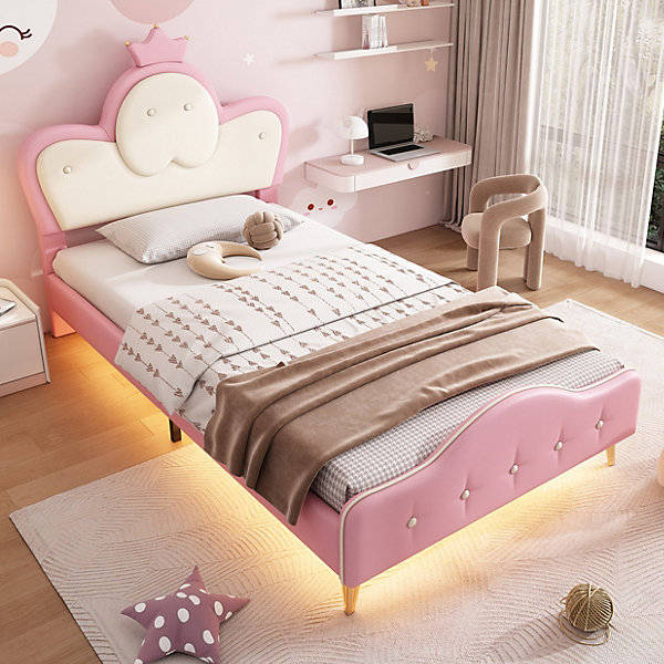 Lit 90x200 cm enfant avec tête rembourrée en vague et couronne, PU blanc/rose et bande LED intégrée