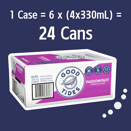 Good Tides Hard Seltzer Tropical Passionfruit, Zero Sugar, Low Calorie, Refreshing Spritzed Drink, 4.3% ABV, 330mL (Case of 24 Cans)