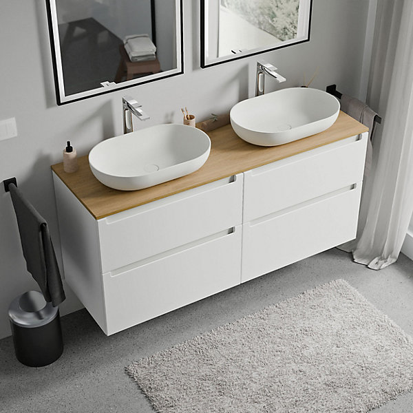 Meuble sous vasque suspendu MDF Blanc mat, plan vasque Chêne miel, tiroirs pivotants - 140x46x62cm - VIREO