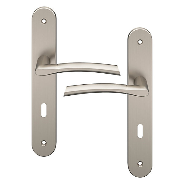 Ensemble poignée sur plaque rond serrure GoodHome Hirel effet nickel satin gris L.128mm x l.40mm entraxe 195mm