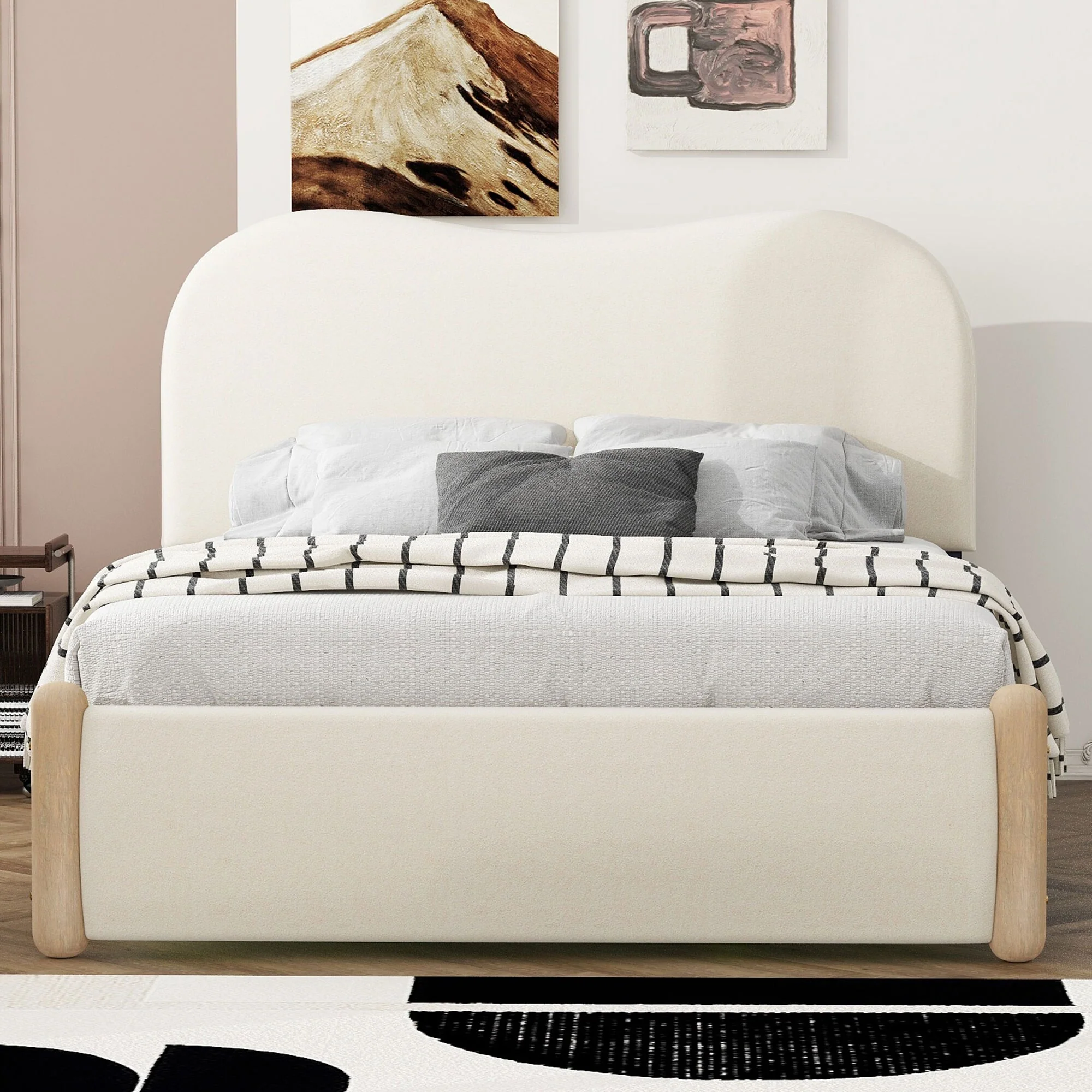 Full Size Upholstered Bed Frame with Curved Headboard and Wooden Legs, Berber Fleece Fabric