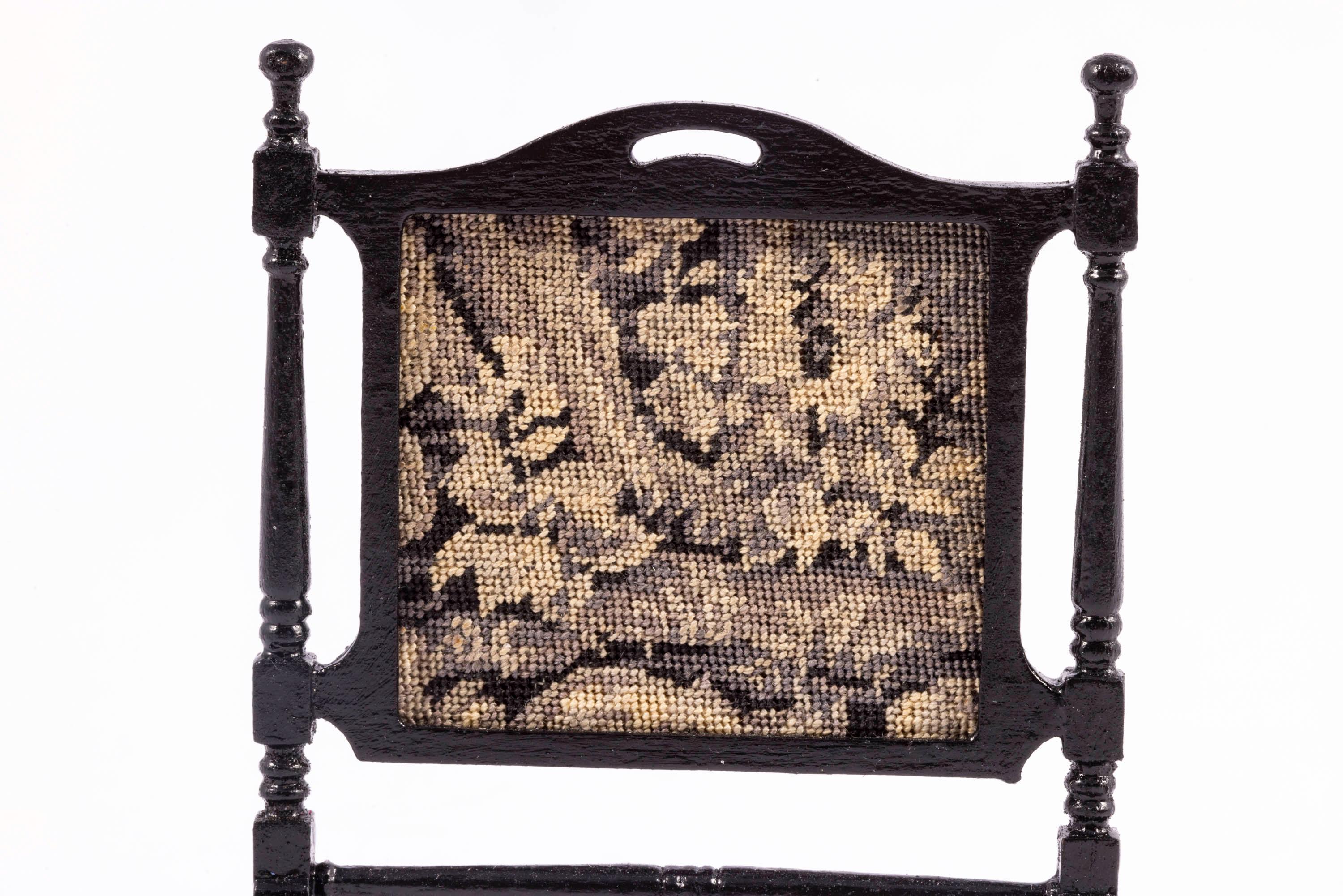 Dollhouse Miniature ~ Fireplace Screen in Black with Antique Petit Point / Needlepoint