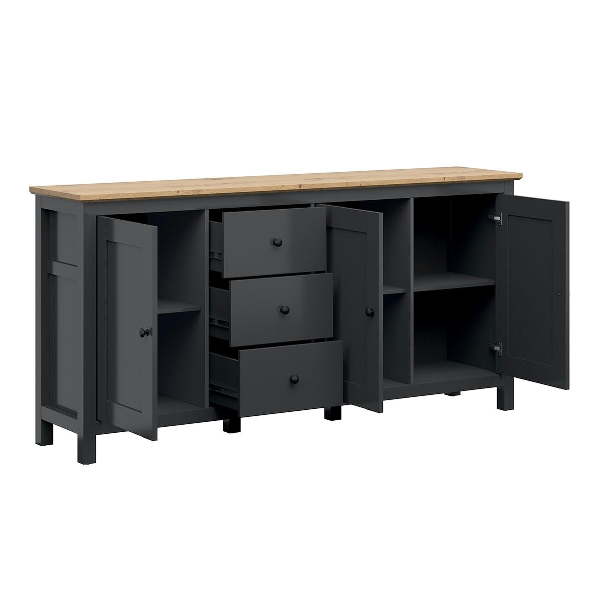 - Buffet 3 portes 3 tiroirs gris anthracite et naturel