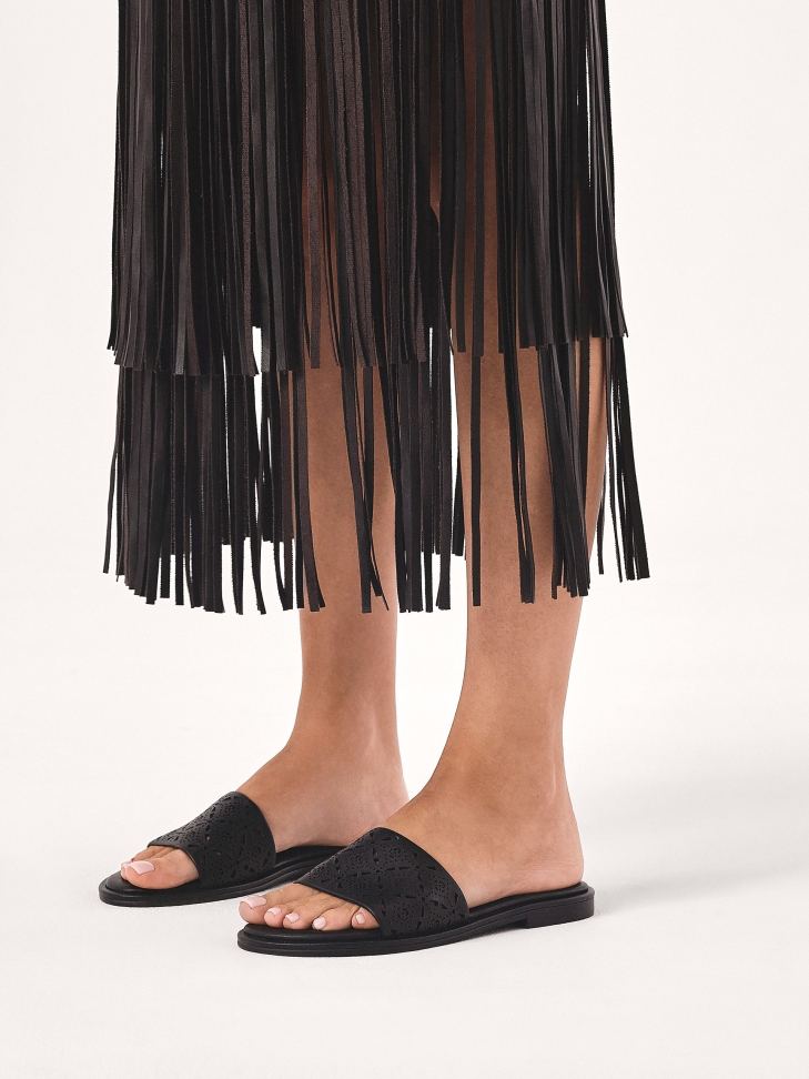 Black leather slides with openwork decoration