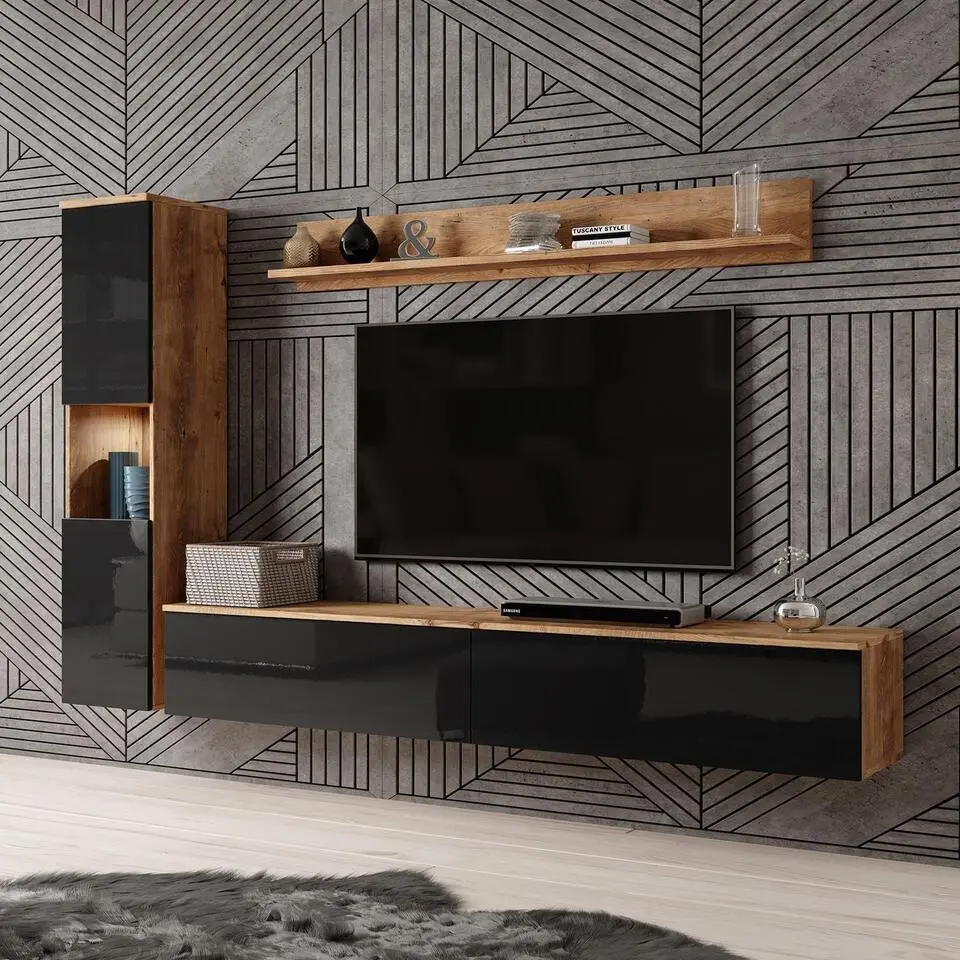 Meubella - Wandmeubel Pure - Zwart - Donker eiken