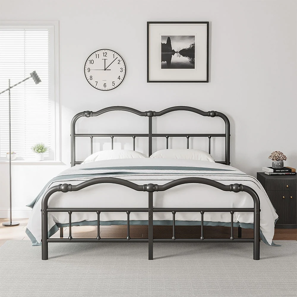 Heavy Duty Anti-Sway 18 Inch High Steel Tube Iron Bed, Double Wave Headboard And Footboard