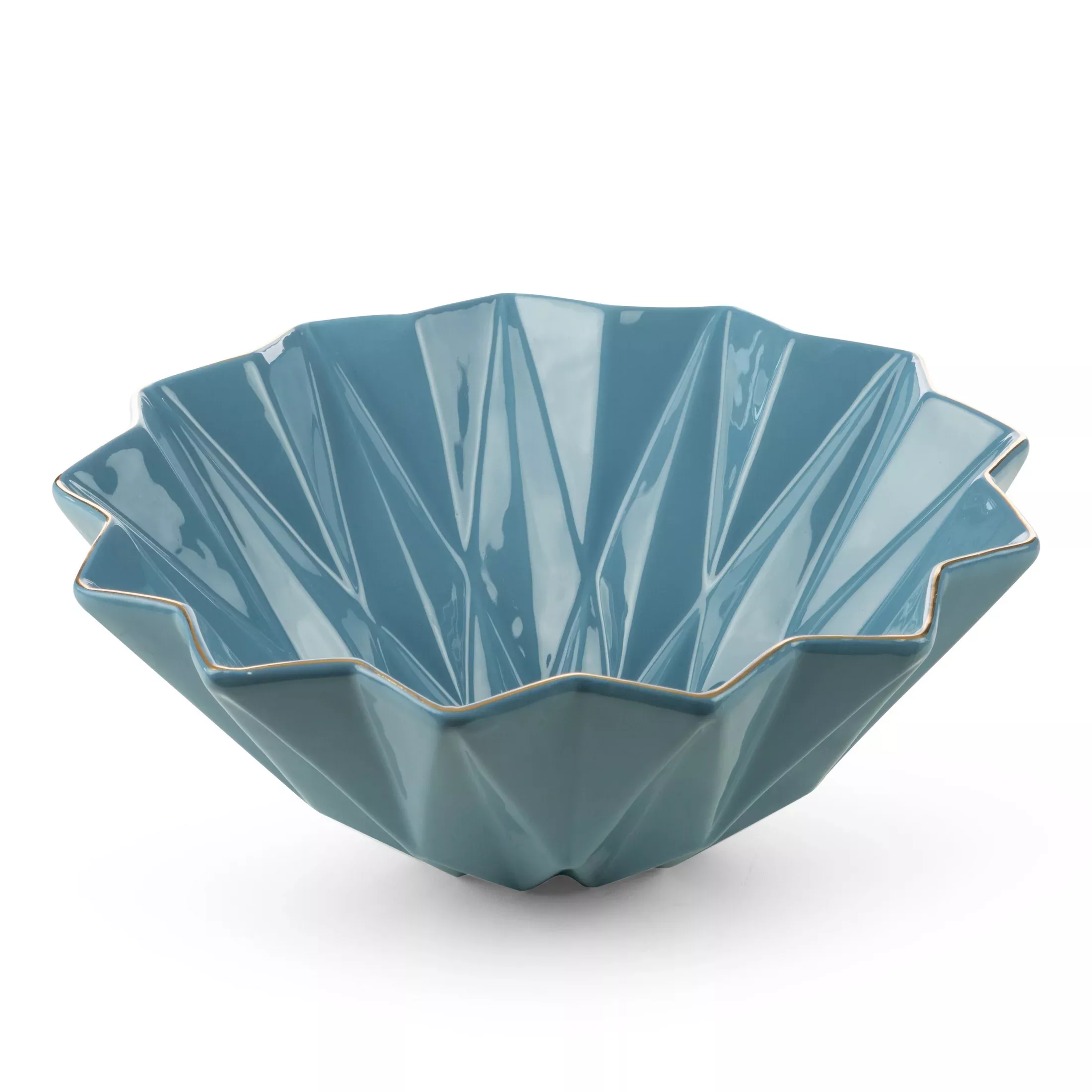 Patera ceramiczna dekoracyjna niebiesko-złotaz geometrycznymi wytłoczeniami średnica 28x11 cm ALANI