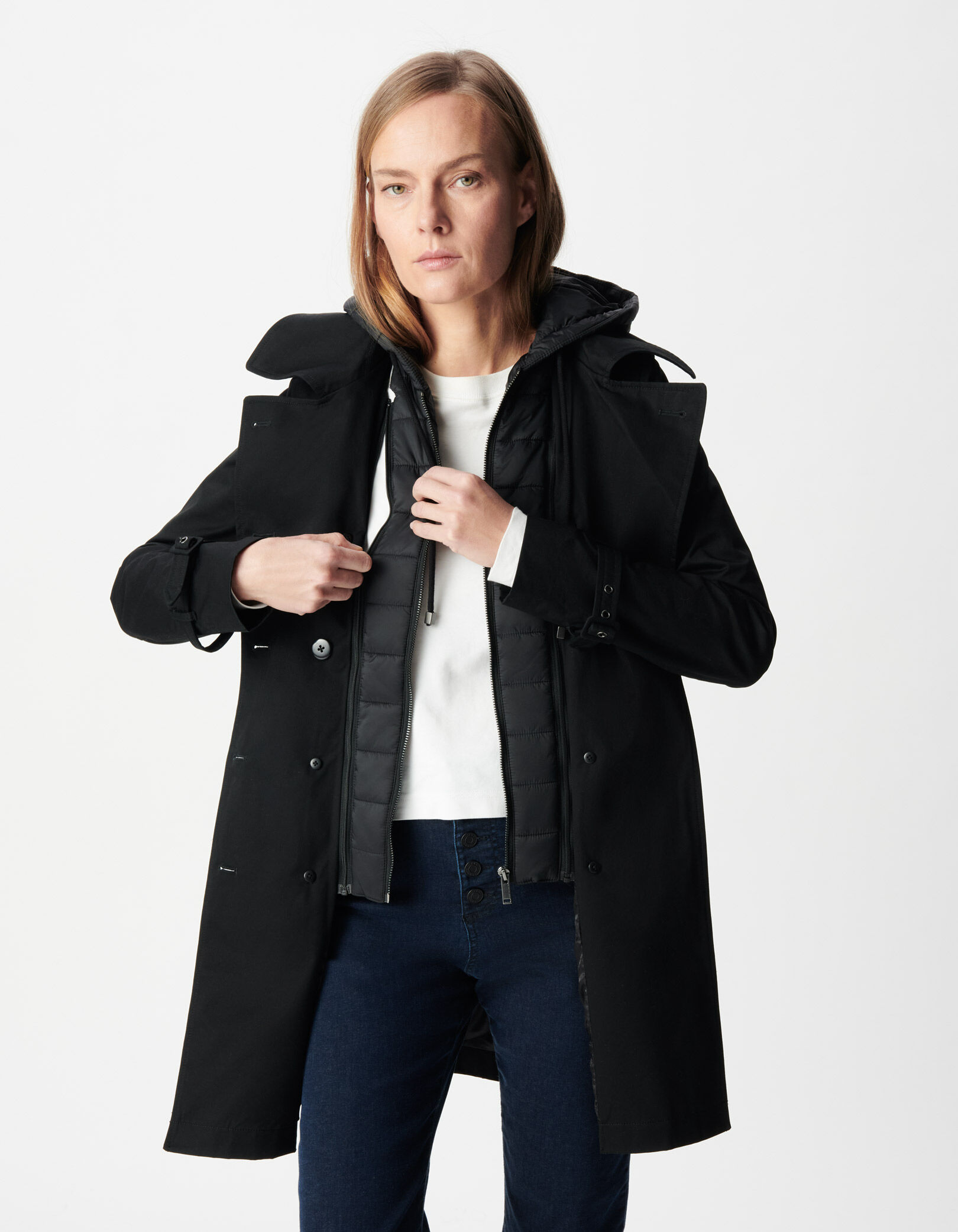 Trench noir capuche nylon amovible Femme
