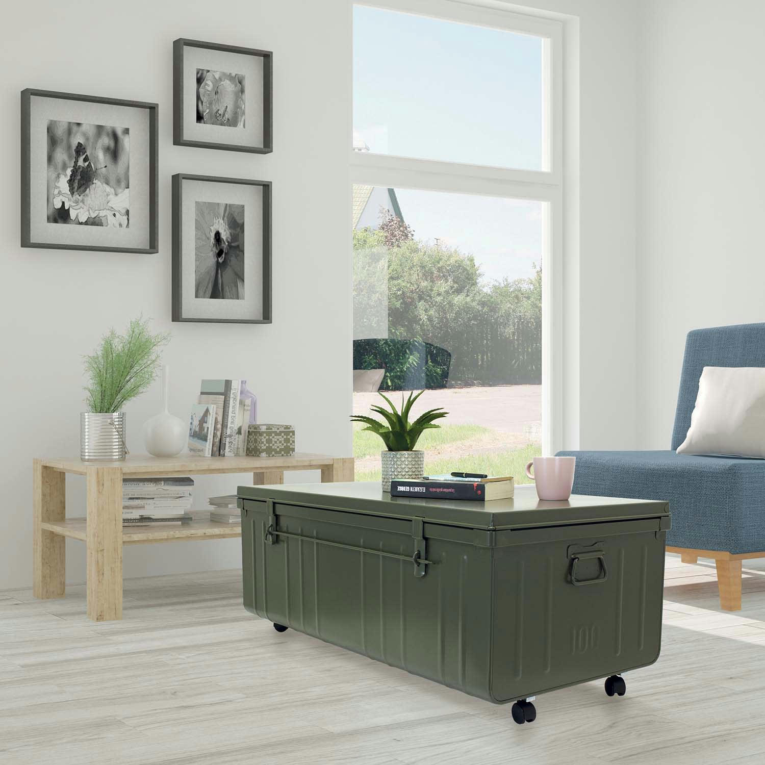 - Table basse malle en métal kaki