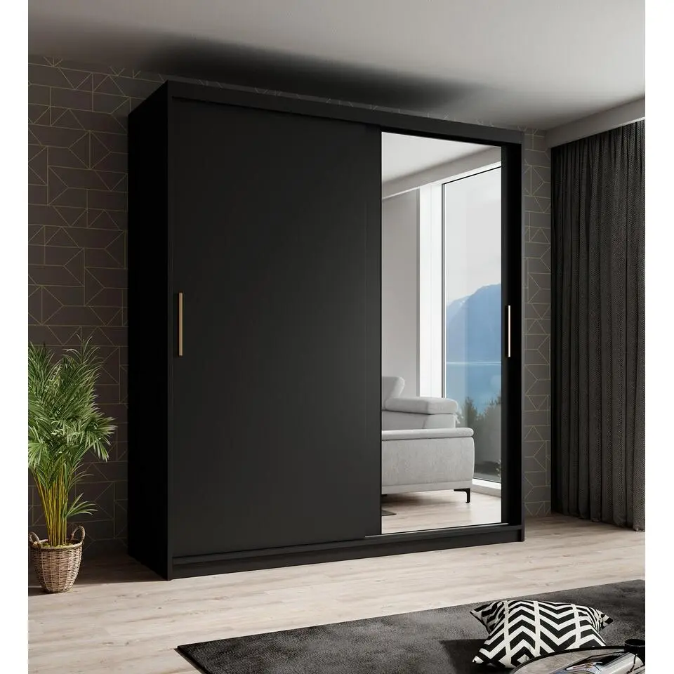 Meubella - Kledingkast Mandalin - Zwart - 180 cm - Met spiegel
