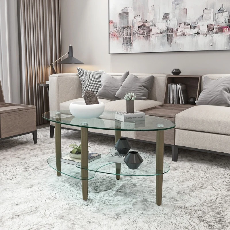 3-Tiers Oval Glass Coffee Table Side End Tables for Living Room