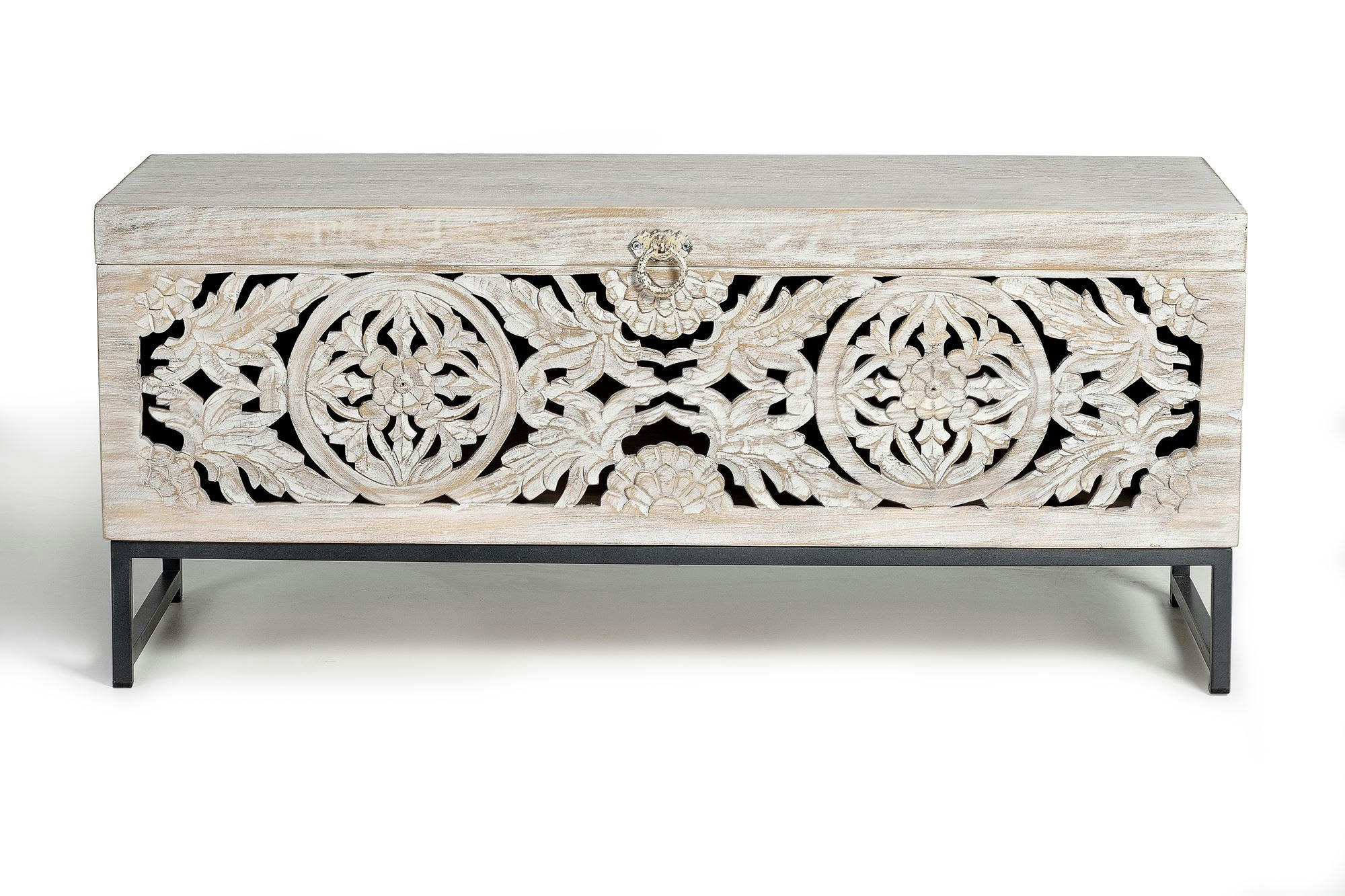 MYKONOS - Coffre en manguier et pieds en métal blanc vieilli