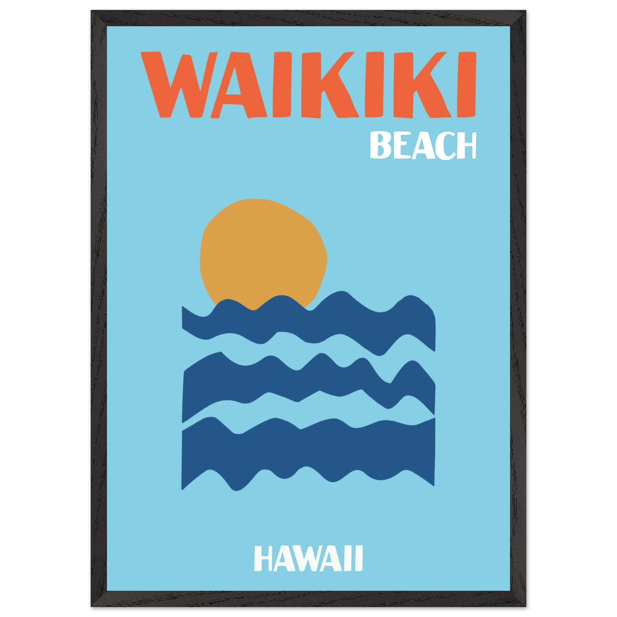 Artfulprints Poster met Lijst Hawaii - Waikiki Beach  - 50x70 cm - Blauw