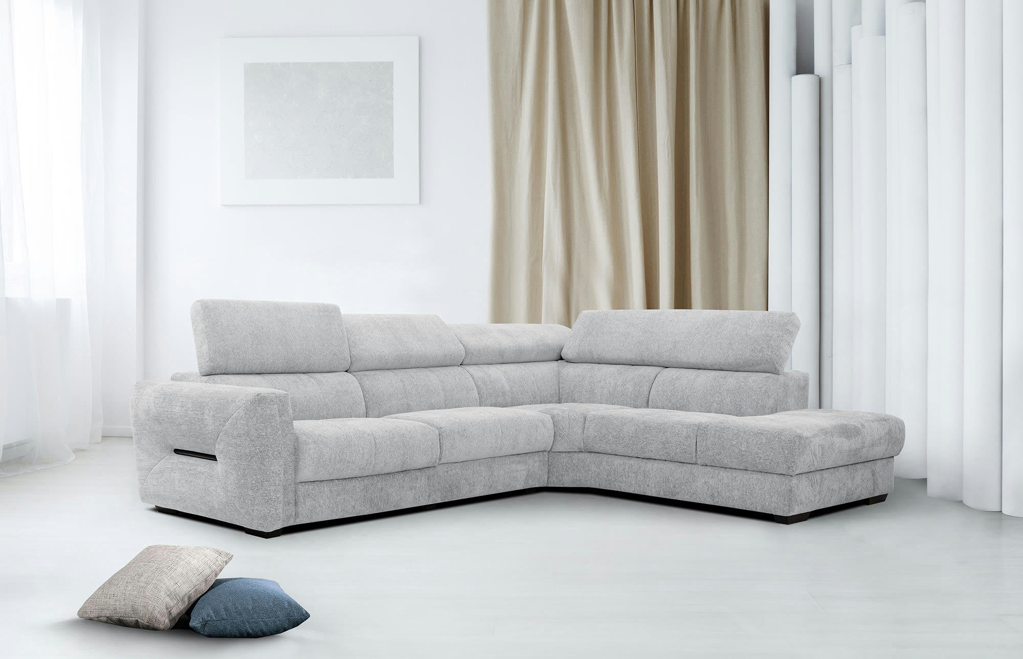 CALVERA - Canapé d'angle droit Calvera 5 places tissu gris clair