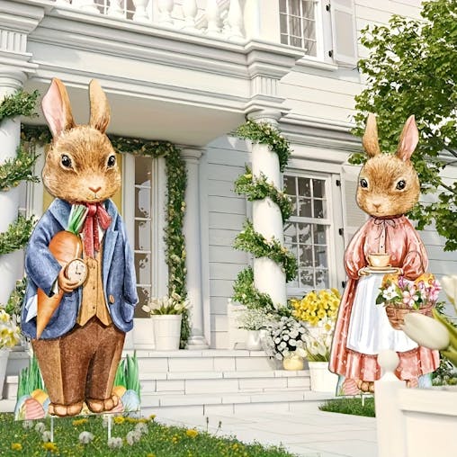 NNETM Wooden Rabbit and Flower Garden Signs Set
