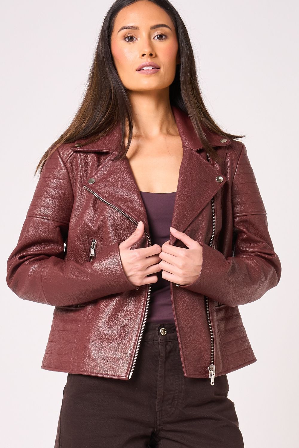 Barneys Originals Real Leather Burgundy Asymmetric Biker