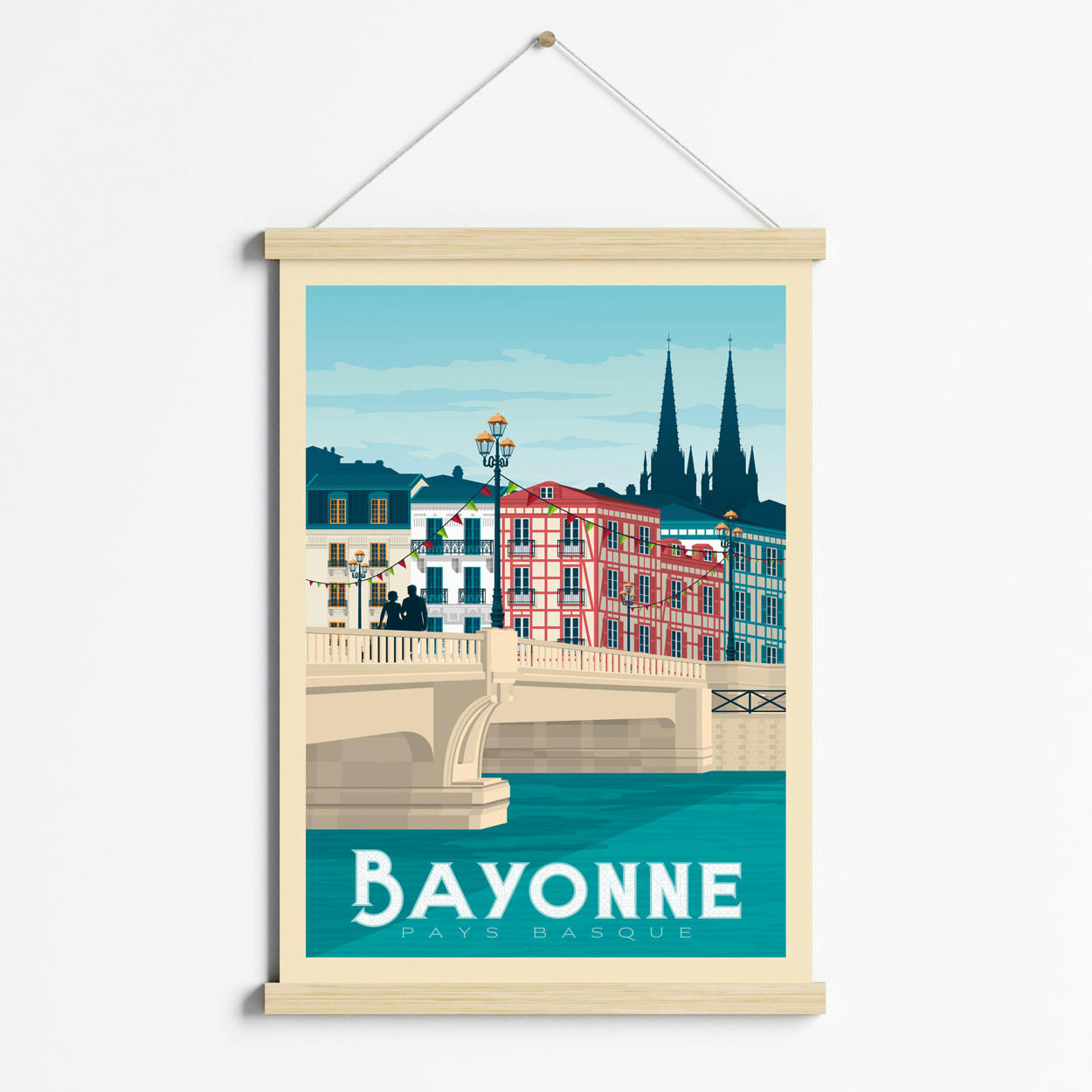 - Affiche Bayonne France + Cadre Magnétique (Bois) 50x70 cm