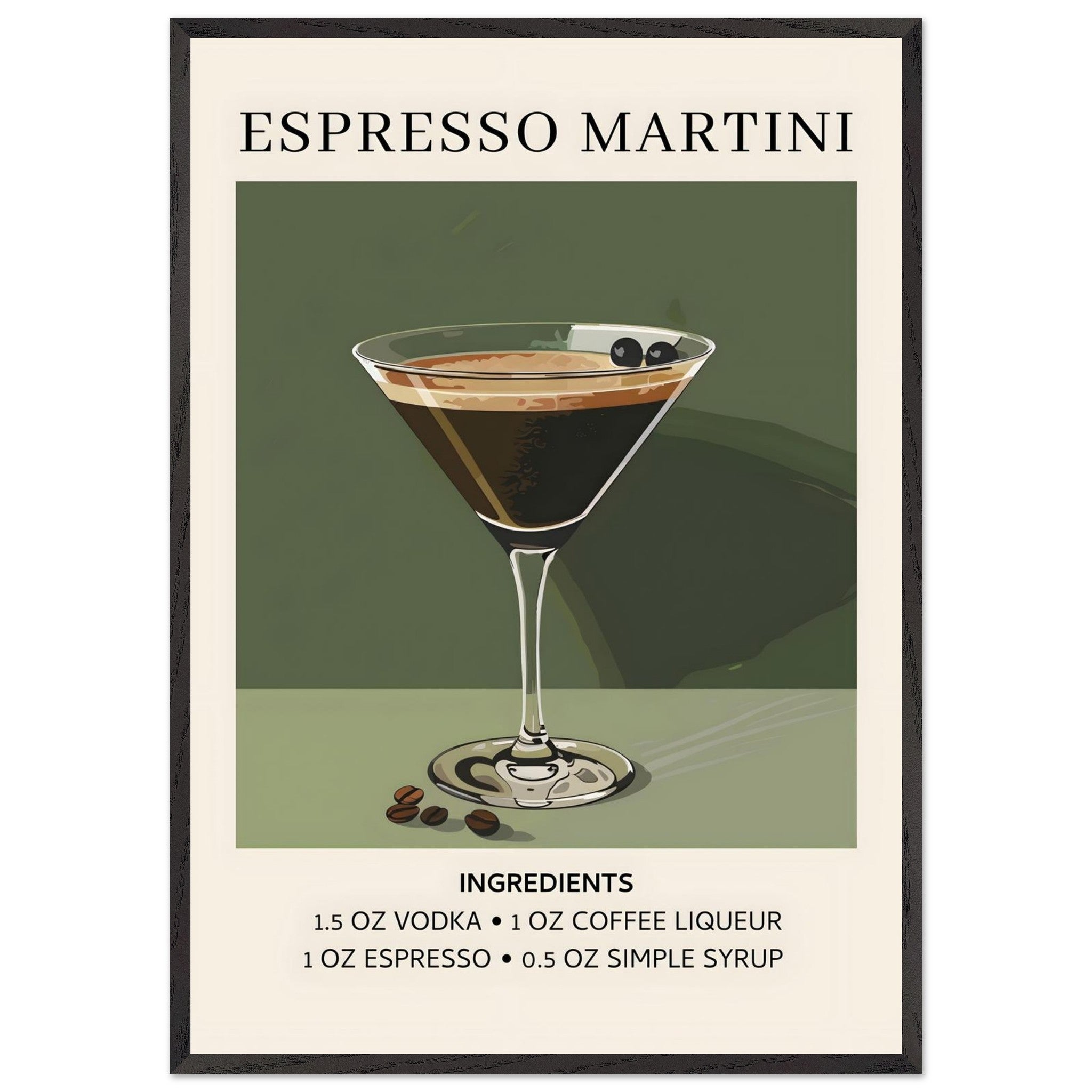 Artfulprints Poster met Lijst Espresso Martini cocktail - Ingrediënten  - 70x100 cm - Donkergroen